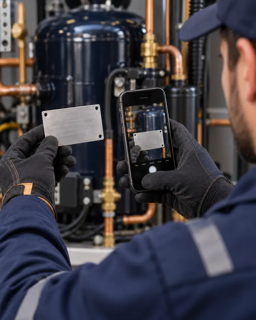 Técnico fotografiando la placa de identificación de un equipo HVAC.